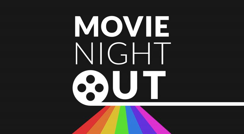 Movie Night Out text with Rainbow film canister