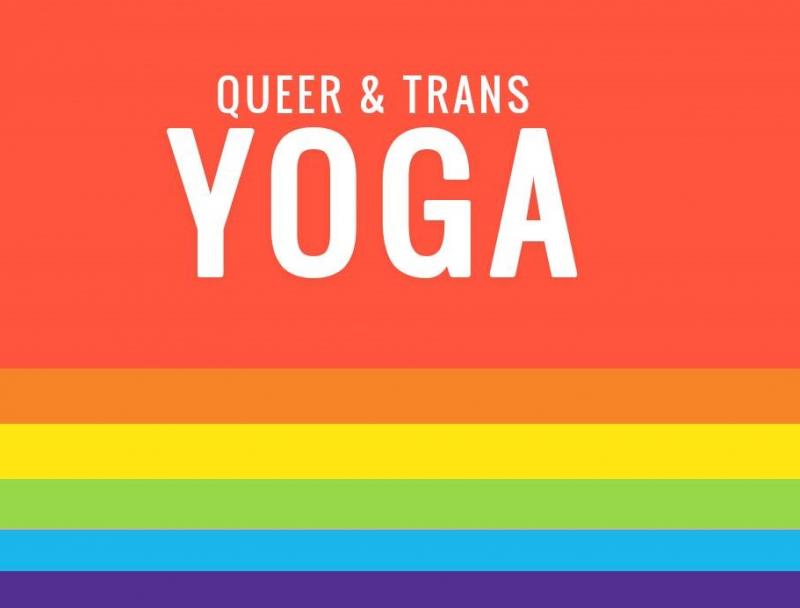 Queer & Trans Yoga printed over a Pride rainbow. 